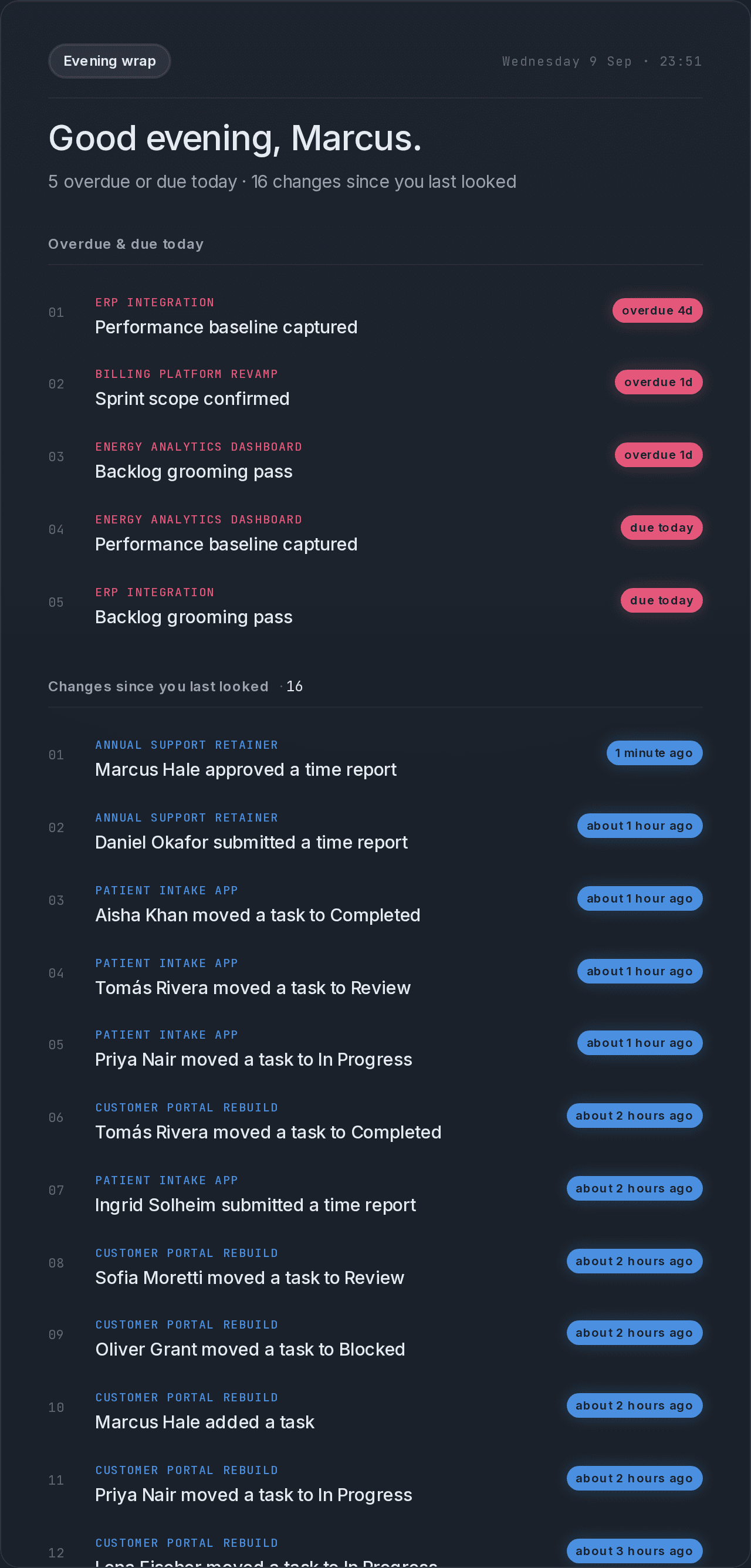 An evening summary listing what changed today across projects, in plain language.